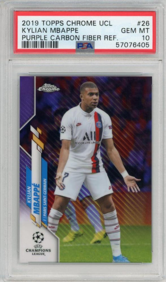 PSA10 graded 2019-20 Topps Chrome UEFA Champions League Kylian Mbappe Purple Carbon Fiber Refractor card #26
