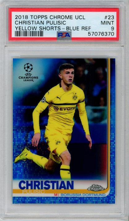 PSA9 graded 2018 Topps Chrome UEFA Champions League Christian Pulisic Blue Refractor #23 card numbered 59/150