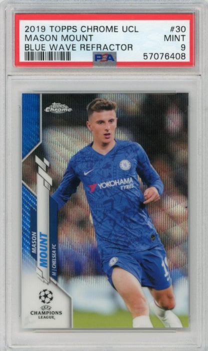 PSA9 graded 2019-20 Topps Chrome UEFA Champions League Mason Mount Blue Wave Refractor card numbered 43 out of 75