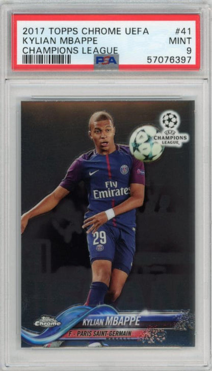 PSA9 graded 2017-18 Topps Chrome UEFA Champions League trading card featuring Kylian Mbappe #41