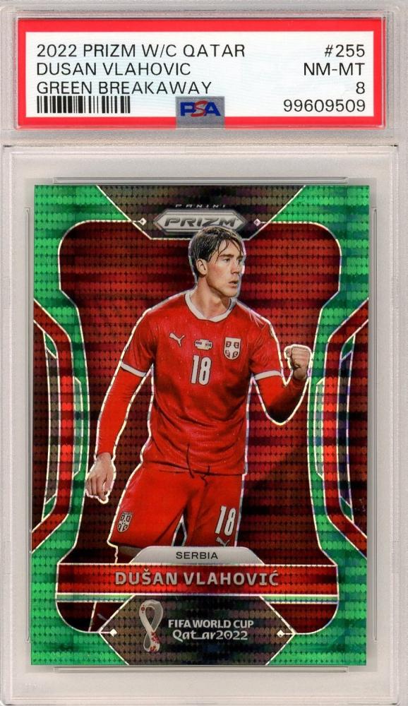 2022 Panini Prizm FIFA World Cup Qatar Dusan Vlahovic Base Breakaway Green Prizms card #2554 PSA 8