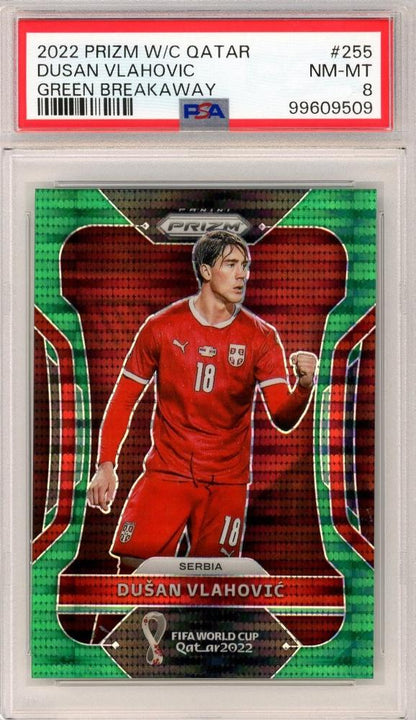 2022 Panini Prizm FIFA World Cup Qatar Dusan Vlahovic Base Breakaway Green Prizms card #2554 PSA 8