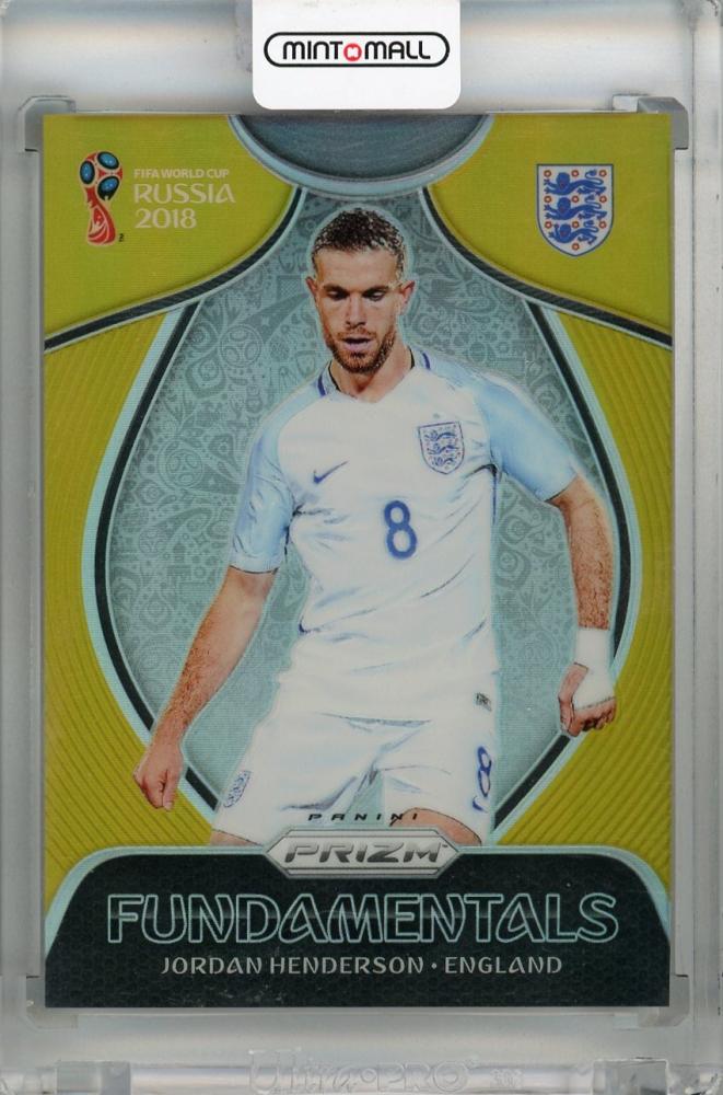 2018 Panini Prizm World Cup Jordan Henderson Fundamentals Gold trading card showing player in England kit with card number 6