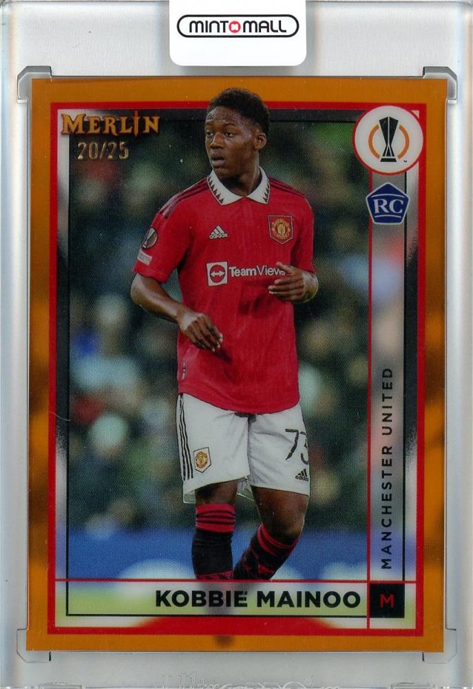 2022-23 Topps Merlin Chrome UEFA Club Competitions Kobbie Mainoo Orange Refractors Rookie Card #9720/25
