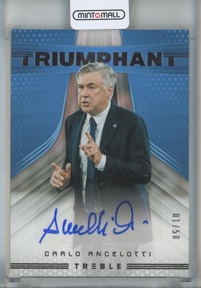 2018-19 Panini Treble Carlo Ancelotti Triumphant Autographs card #3 SSC Napoli with white defect on top-left corner
