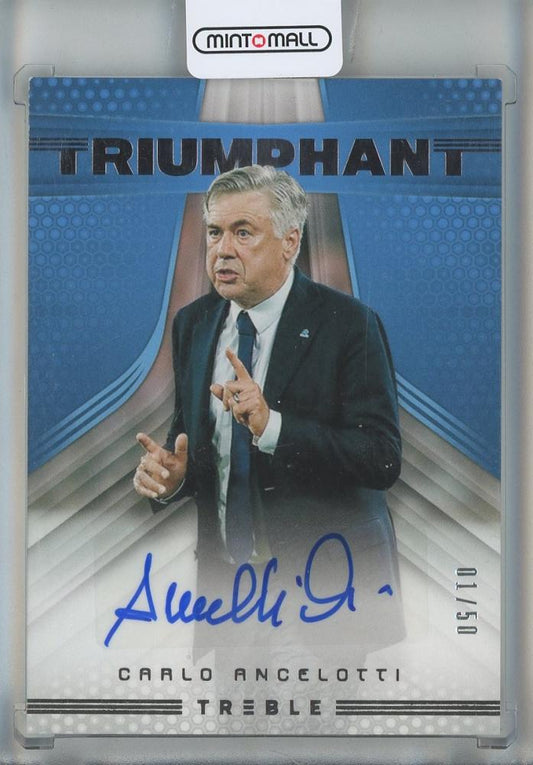 2018-19 Panini Treble Carlo Ancelotti Triumphant Autographs card #3 SSC Napoli with white defect on top-left corner