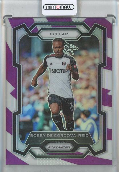 2023-24 Panini Prizm English Premier League Bobby De Cordova-Reid card with purple and white stripes, serial 58 of 92, Fulham
