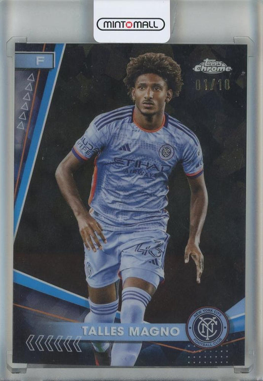 2024 Topps Chrome Sapphire MLS trading card featuring Talles Magno Black Sapphire serial #1651/10 NYCFC
