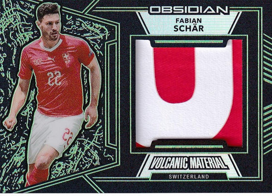 2019-20 Panini Obsidian Fabian Schar Switzerland card with green Volcanic Material Relics numbered 19 out of 25