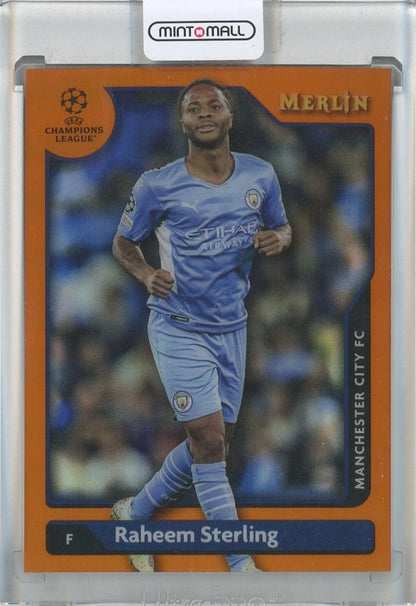 2021-22 Merlin UEFA Champions League Raheem Sterling Orange Refractors trading card numbered 6201/25 from Manchester City
