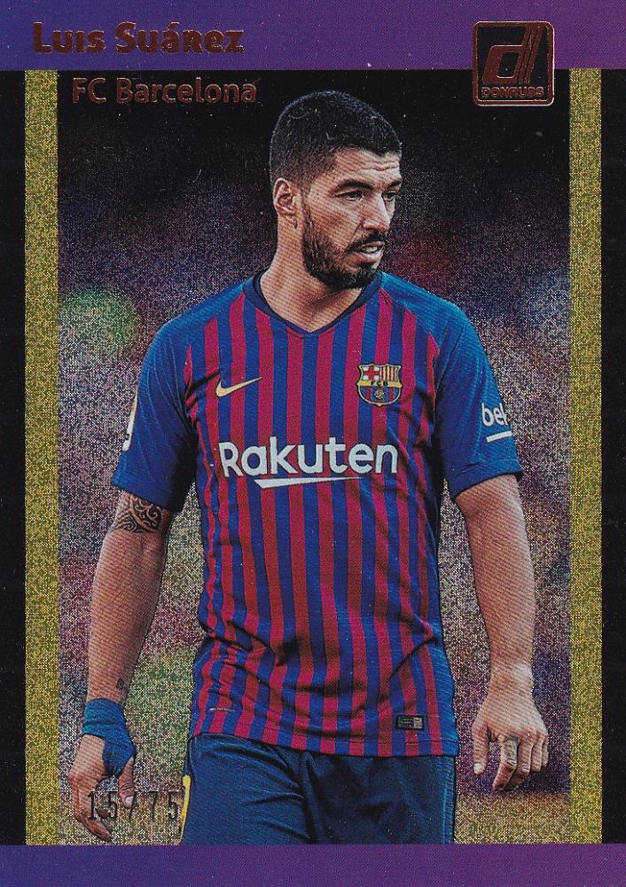2018-19 Donruss FC Barcelona Luis Suarez 1989 Tribute Gold Parallel Version collectible card serial 15/75