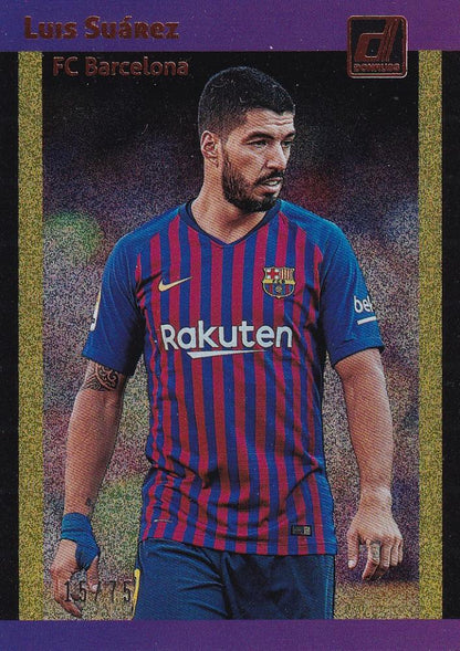 2018-19 Donruss FC Barcelona Luis Suarez 1989 Tribute Gold Parallel Version collectible card serial 15/75