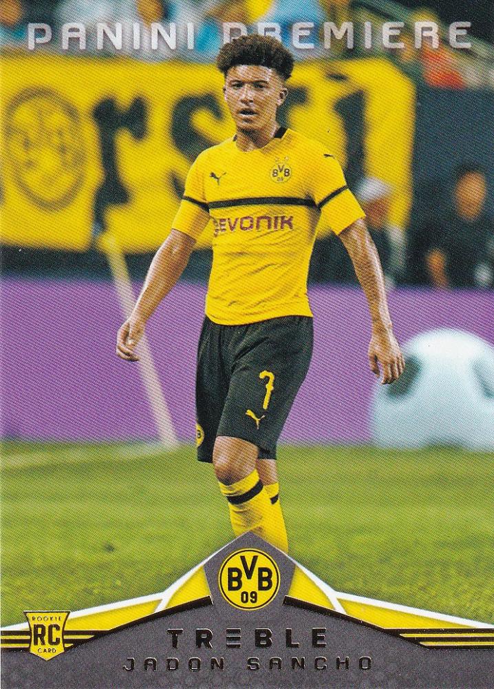 2018-19 Panini Treble Borussia Dortmund Jadon Sancho Base Panini Premiere trading card with minor back stain