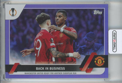 2022-23 Topps UEFA Club Competitions trading card featuring Marcus Rashford and Alejandro Garnacho purple serial number