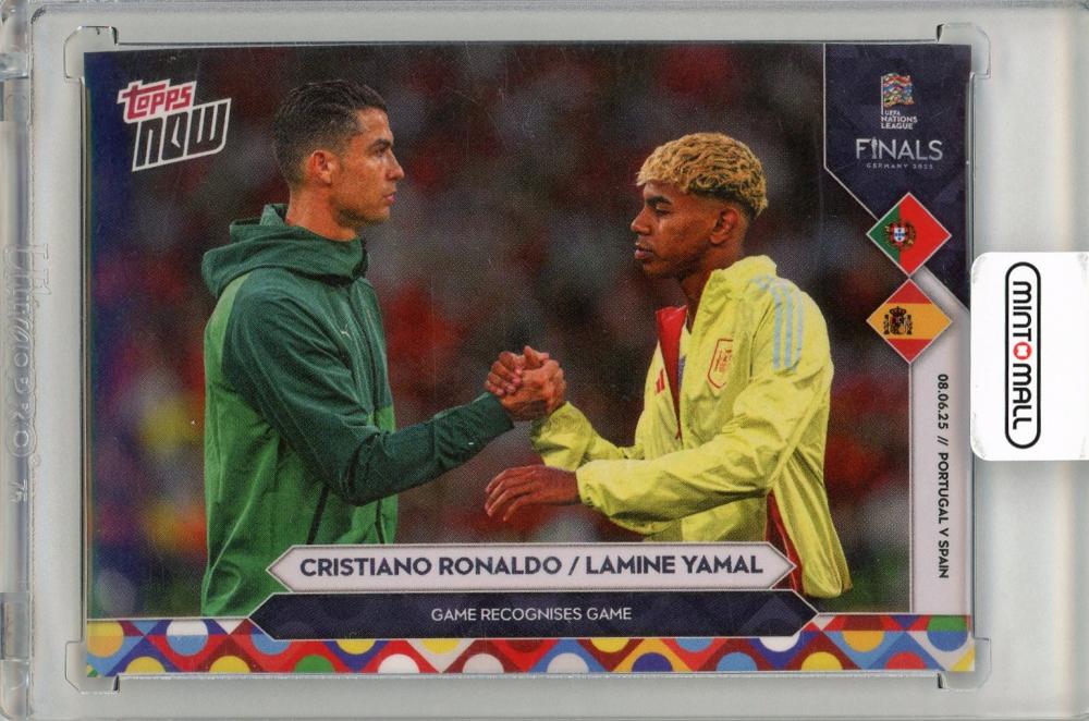 2025 Topps Now trading card featuring Cristiano Ronaldo and Lamine Yamal from Portugal and Spain