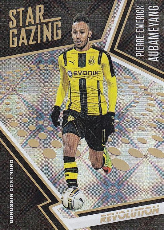 2017 Panini Revolution Pierre-Emerick Aubameyang Borussia Dortmund trading card with star-gazing galactic design