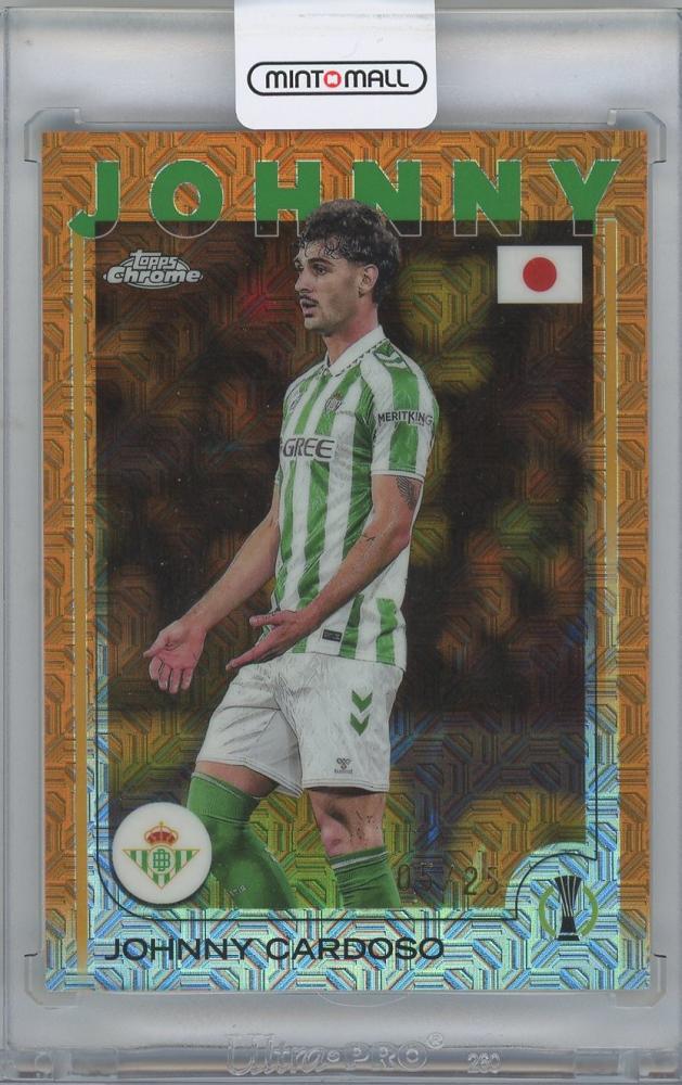 2024-25 TOPPS UEFA Japan Edition Orange Mojo Refractor soccer card #84 featuring Johnny Cardoso of Real Betis