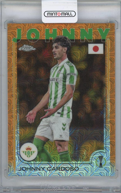 2024-25 TOPPS UEFA Japan Edition Orange Mojo Refractor soccer card #84 featuring Johnny Cardoso of Real Betis