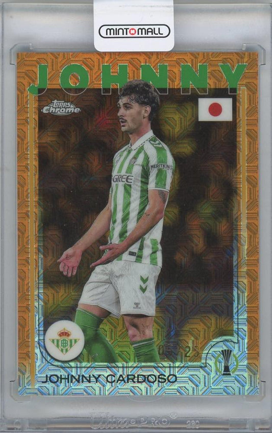 2024-25 TOPPS UEFA Japan Edition Orange Mojo Refractor soccer card #84 featuring Johnny Cardoso of Real Betis