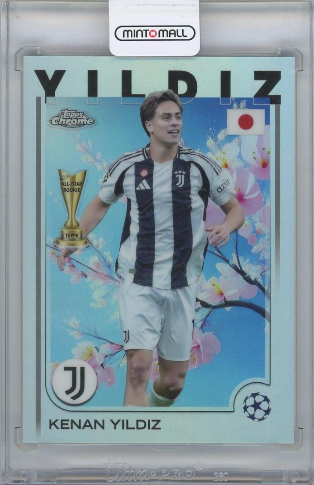 2024-25 TOPPS UEFA Japan Edition Cherry Blossom Refractor soccer card featuring Kenan Yildiz of Juventus