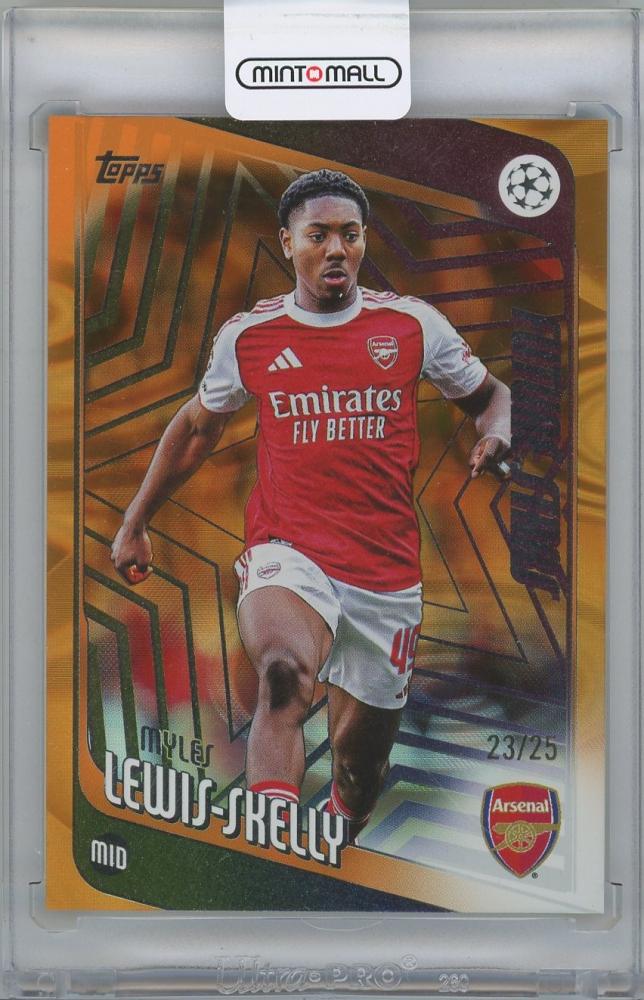 2025-26 TOPPS UEFA Club Competitions Orange Raindrops #52 Future Stars trading card of Myles Lewis-Skelly Arsenal 23 of 25