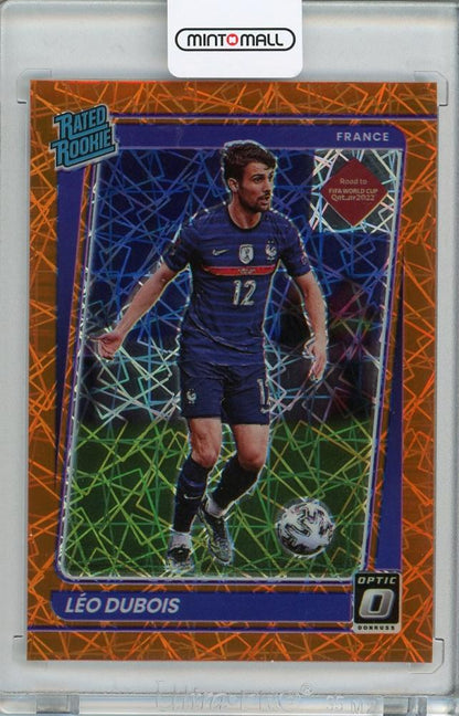 2021-22 Donruss Soccer Road to Qatar France Leo Dubois Base Optic Rated Rookie Orange Velocity card serial 39 of 49