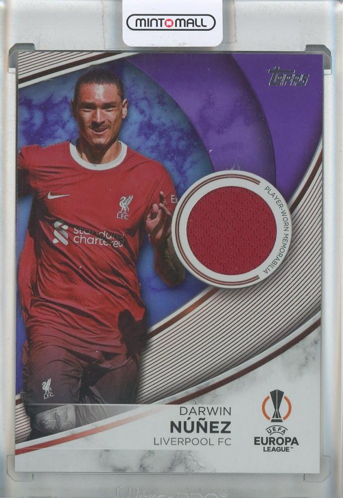 2023-24 Topps UEFA Club Competitions trading card featuring Darwin Nunez in purple foil, serial #TSDN142/299 Liverpool FC