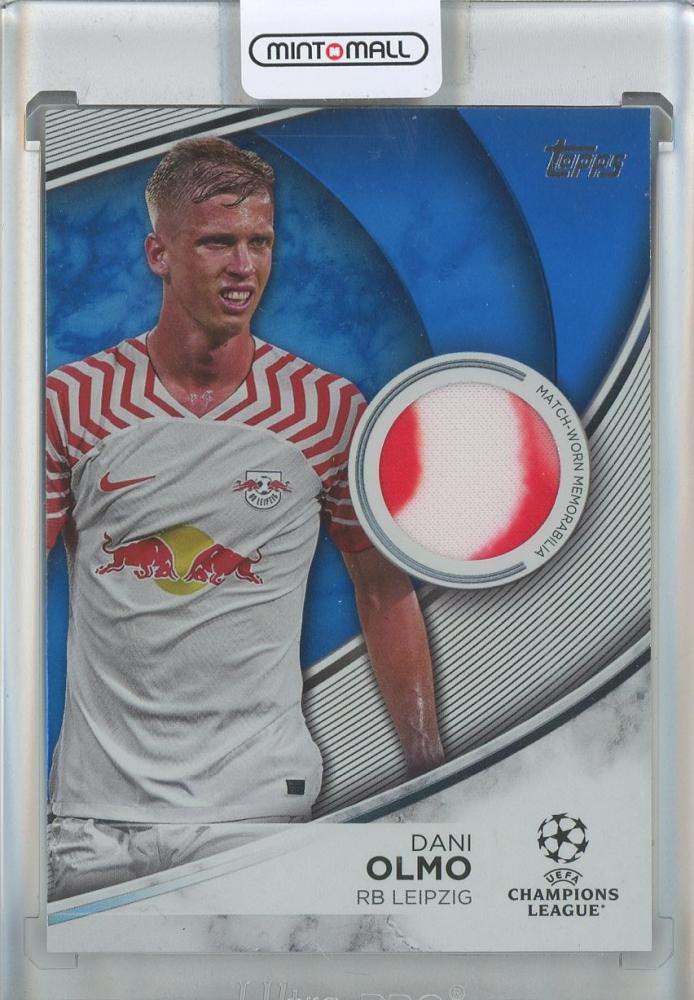 2023-24 Topps UEFA Club Competitions Dani Olmo Superstar Relics Blue Foil trading card featuring RB Leipzig