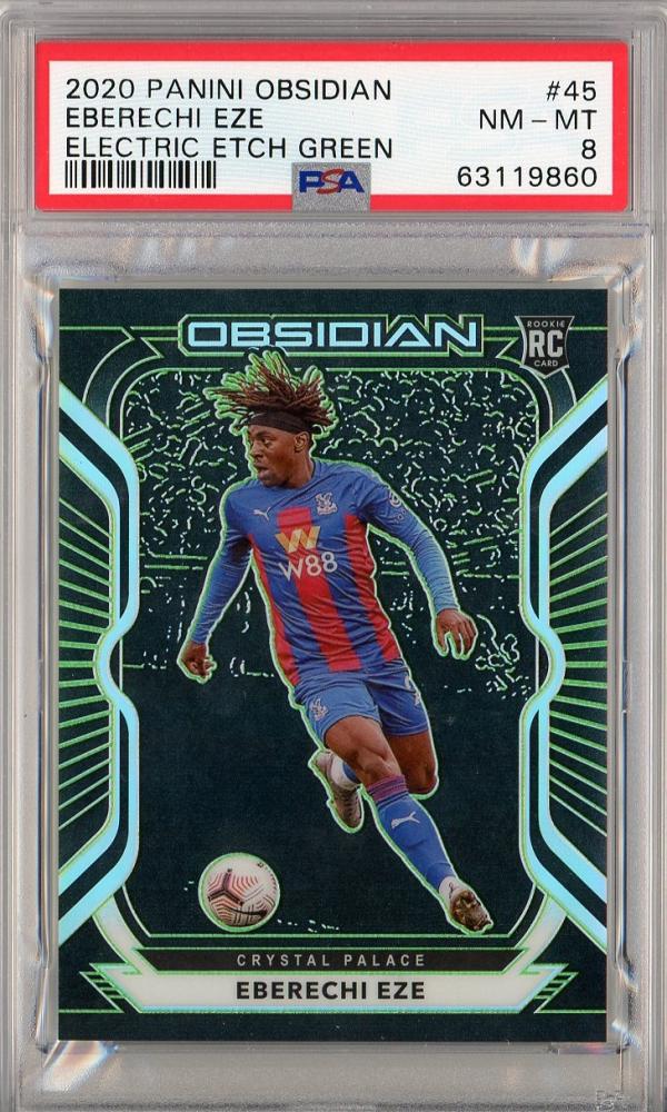 2020 Panini Obsidian Eberechi Eze Electric Etch Green trading card numbered 13 of 25 graded PSA 8