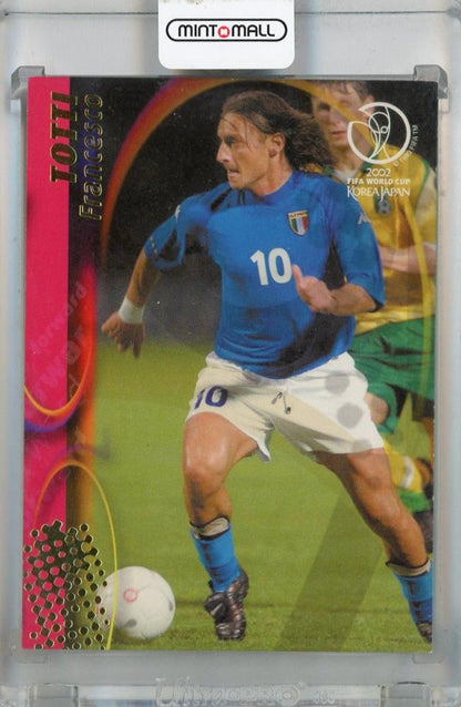2002 Panini World Cup Francesco Totti #73 Italy soccer trading card with visible scratches and white flaking