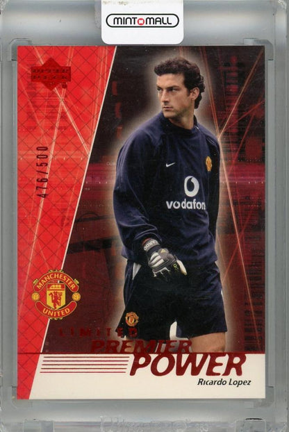 2002 Upper Deck trading card featuring Ricardo Lopez in Manchester United red kit, card number 57476 of 500
