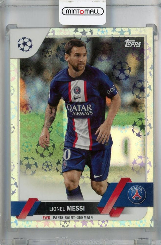2022-23 Topps UEFA Club Competitions Lionel Messi Base Starball Parallel trading card featuring Paris Saint-Germain
