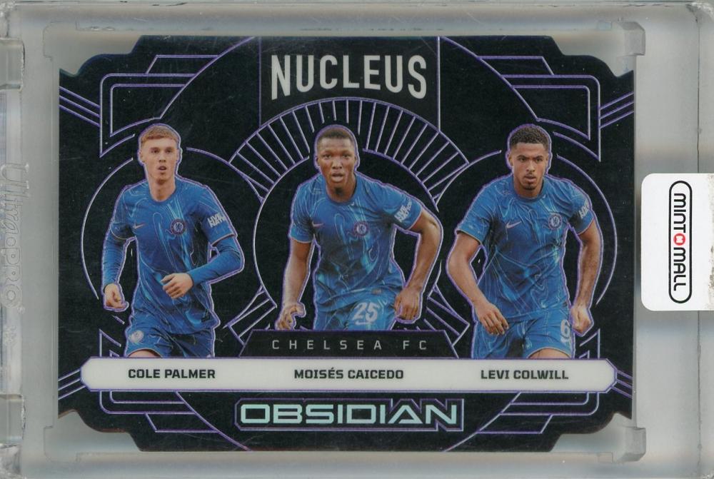2024-25 Panini Obsidian Nucleus Electric Etch Purple #1637/49 featuring Chelsea FC players Palmer, Caicedo, and Colwill