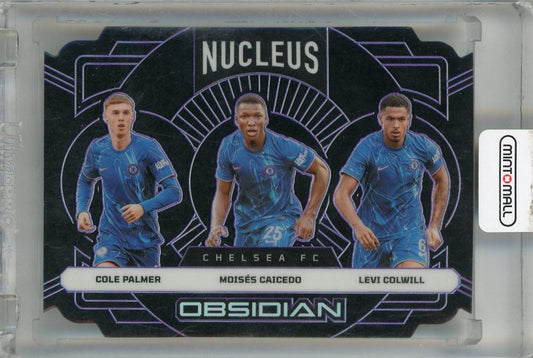 2024-25 Panini Obsidian Nucleus Electric Etch Purple #1637/49 featuring Chelsea FC players Palmer, Caicedo, and Colwill