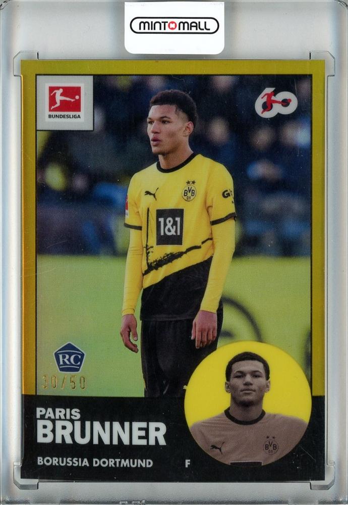2023-24 Topps Chrome Bundesliga Paris Brunner rookie card with Gold Refractor parallels, serial #TAN-1430/50