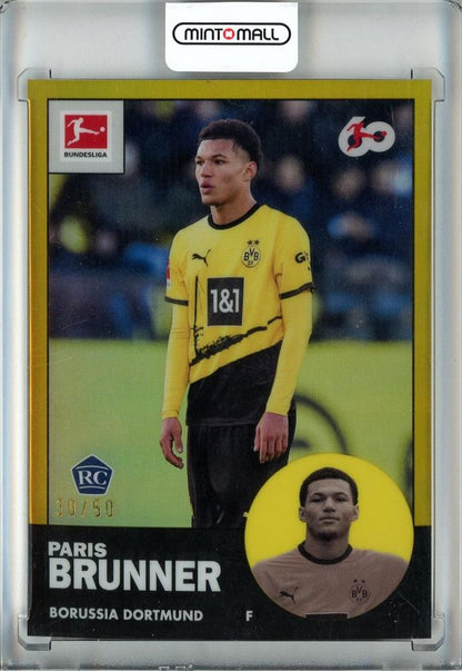 2023-24 Topps Chrome Bundesliga Paris Brunner rookie card with Gold Refractor parallels, serial #TAN-1430/50