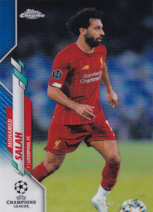 2019-20 Topps Chrome UEFA Champions League trading card of Mohamed Salah Liverpool FC Blue Parallel 002 of 150