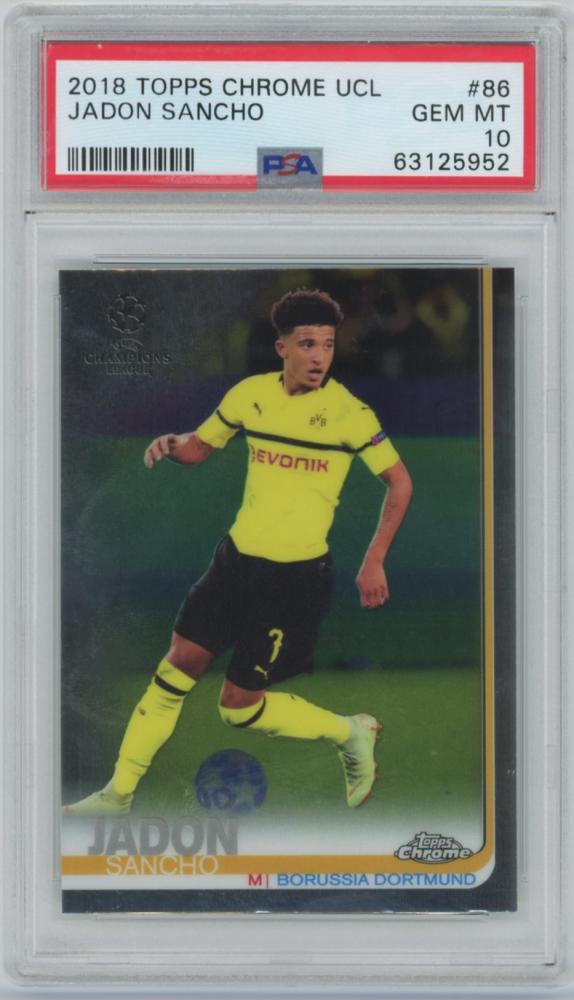 2018-19 TOPPS Chrome UEFA Champions League card #86 featuring Jadon Sancho of Borussia Dortmund graded PSA 10 Gem Mint