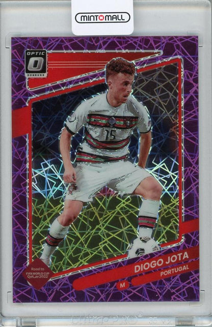 2021-22 Donruss Soccer Road to Qatar Portugal Diogo Jota Base Optic Purple Velocity card numbered 93 of 99