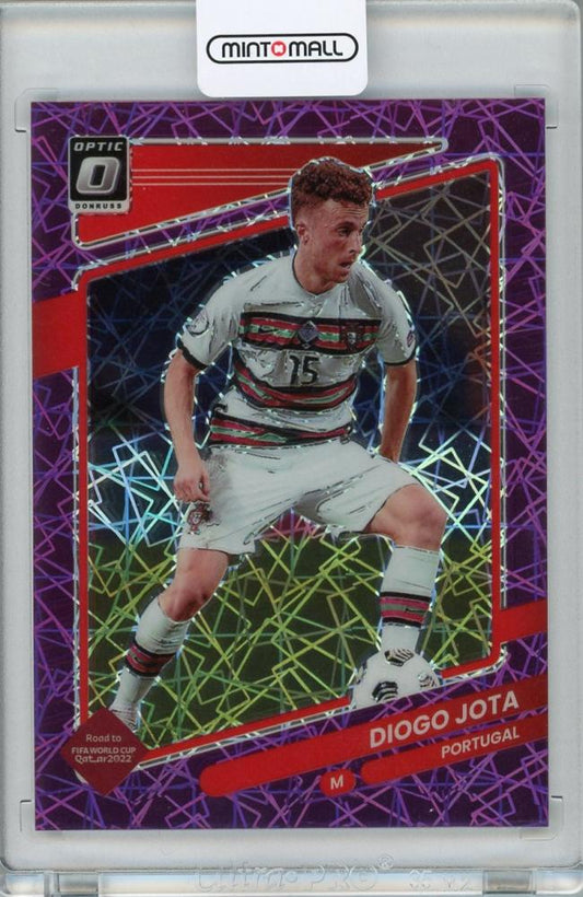 2021-22 Donruss Soccer Road to Qatar Portugal Diogo Jota Base Optic Purple Velocity card numbered 93 of 99