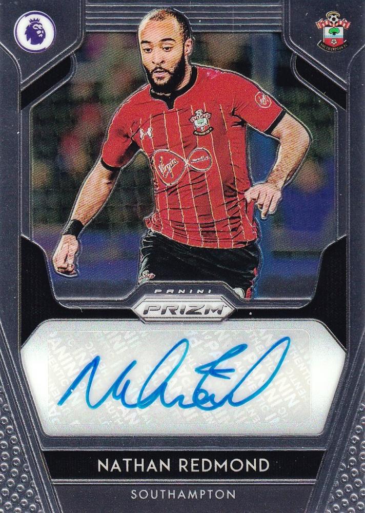 2019-20 Panini Prizm Premier League trading card of Southampton player Nathan Redmond with autograph
