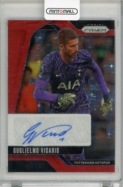 2024-25 Panini Prizm Premier League Guglielmo Vicario Red Star Prizm Autograph card for Tottenham Hotspur
