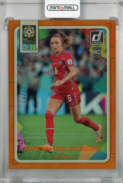 2023 Panini Donruss FIFA Women’s World Cup Karen Holmgaard Orange rookie card #47 serial 01/49 Denmark with scratches