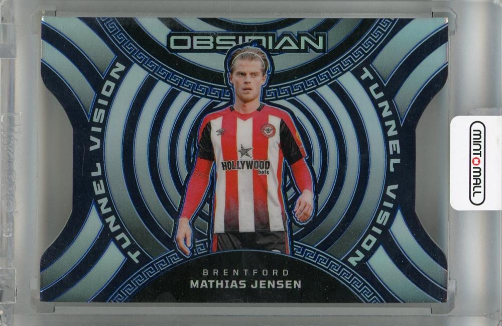 2023-24 Panini Obsidian Mathias Jensen Tunnel Vision Blue Electric Etch trading card #315/30 Brentford