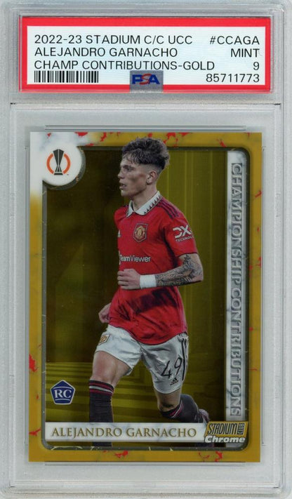 2022-23 Topps Stadium Club Chrome UEFA Alejandro Garnacho Rookie Card Gold Refractors graded PSA9