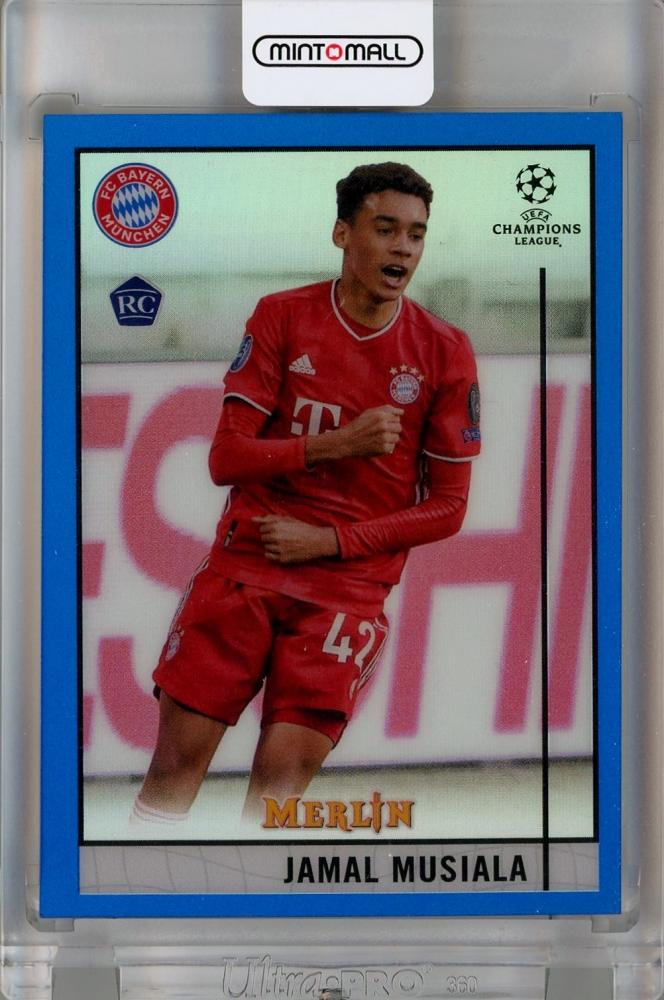 2020-21 Topps Merlin UEFA Champions League Jamal Musiala Blue Refractors RC card #73 with serial 52/75 and minor back stain
