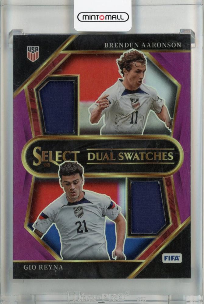 2022-23 Panini Select FIFA dual swatch card of Brenden Aaronson and Gio Reyna in purple parallel edition