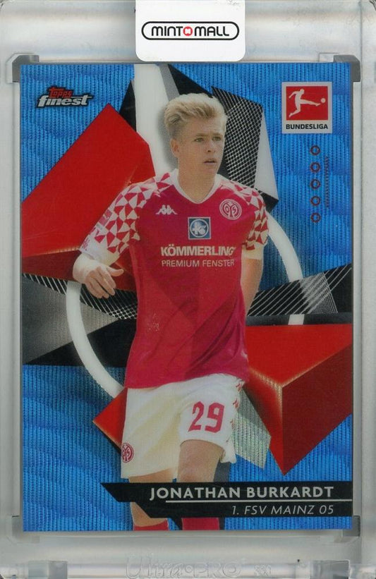 2020-21 Topps Finest Bundesliga Jonathan Burkardt Base Blue Wave parallel card serial numbered 075 out of 150