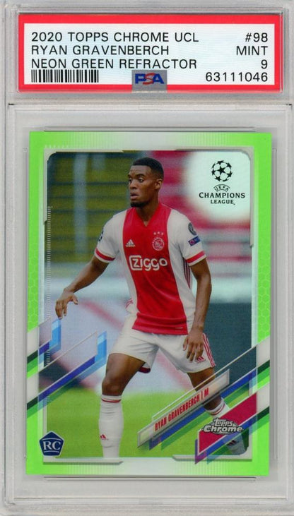 2020-21 Topps Chrome UEFA Champions League AFC Ajax Ryan Gravenberch Neon Green PSA 9 RC card serial 62 of 99