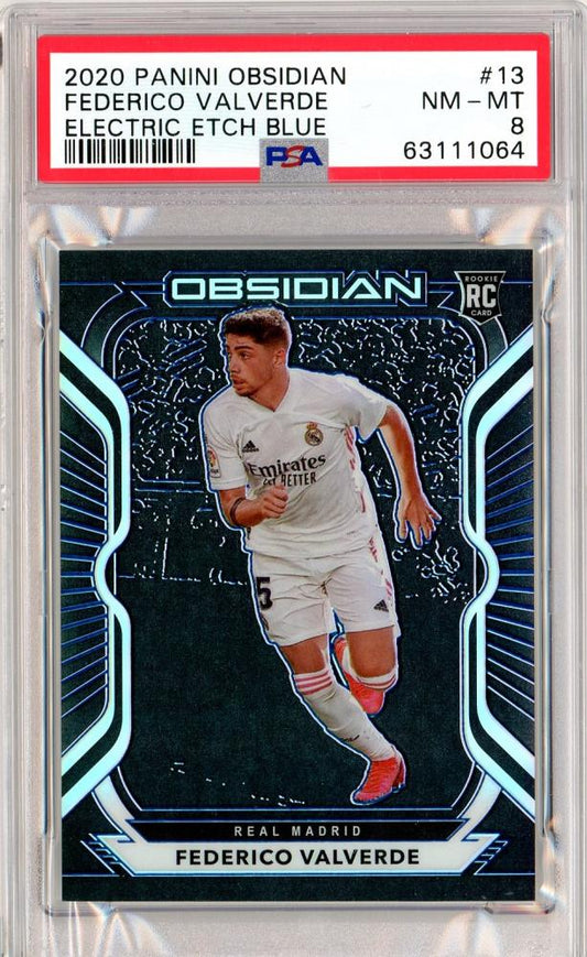 2020-21 Panini Obsidian Real Madrid Federico Valverde Base Blue PSA 8 RC Parallel card numbered 20 out of 30
